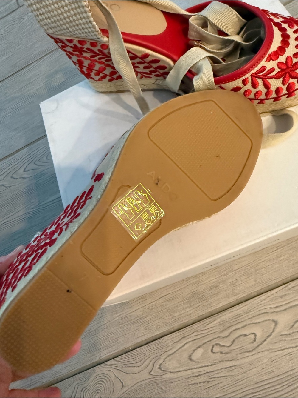 Aldo Red Embroidered Espadrille Wedge Tie-Up Heels - Picture 3 of 3